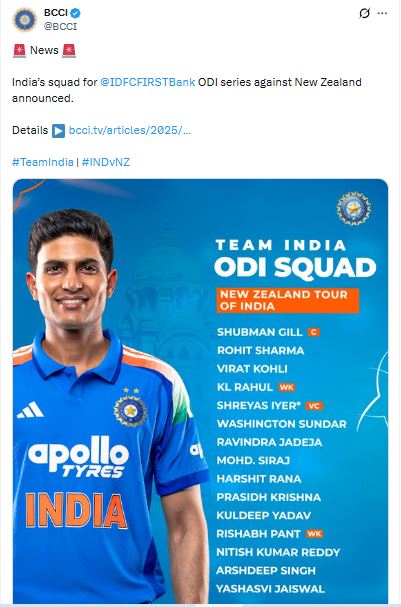 Team India Announcement: न्यूजीलैंड वनडे सीरीज के लिए टीम इंडिया का ऐलान, श्रेयस अय्यर की वापसी, गायकवाड़-तिलक बाहर